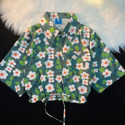 Tropical Print Cropped Button-Up Shirt - Multicolor D - L - image 6
