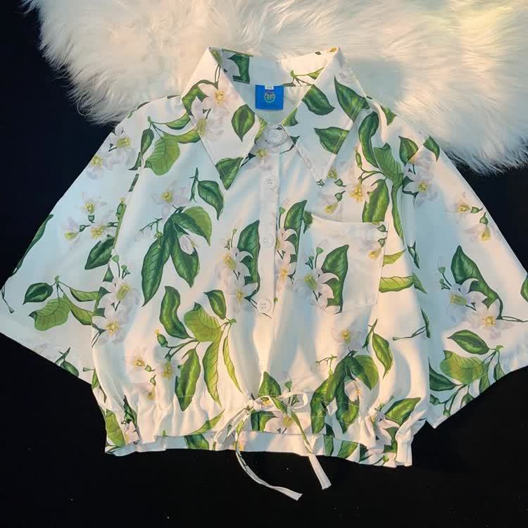 Tropical Print Cropped Button-Up Shirt - Multicolor B - L - image 4