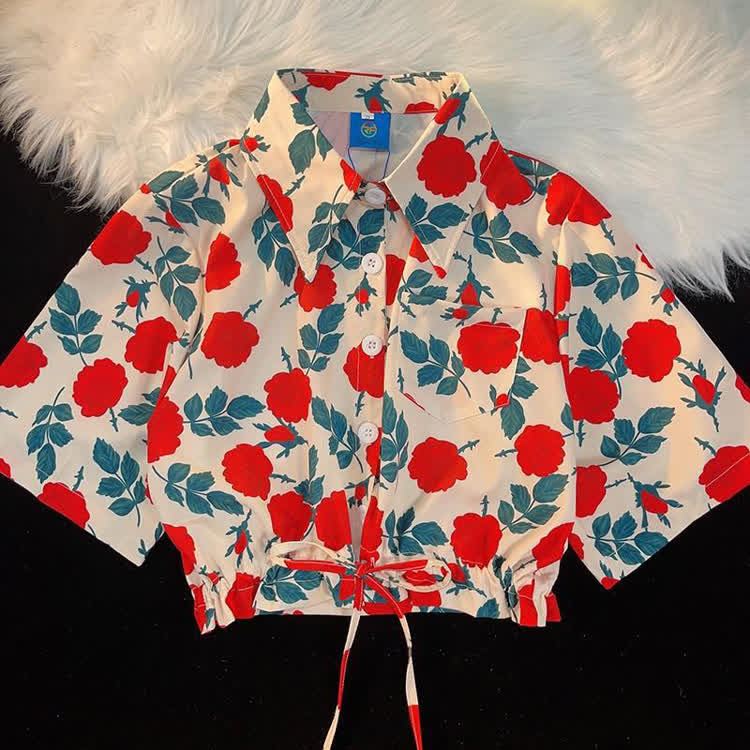 Tropical Print Cropped Button-Up Shirt - Multicolor C - L - image 5