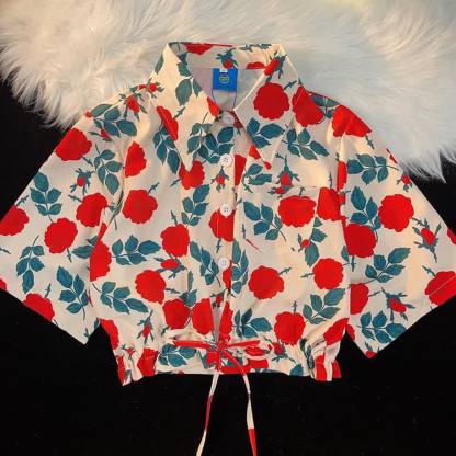 Tropical Print Cropped Button-Up Shirt - Multicolor C - L - image 5