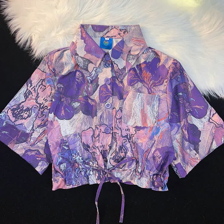 Tropical Print Cropped Button-Up Shirt - Multicolor A - L - image 3