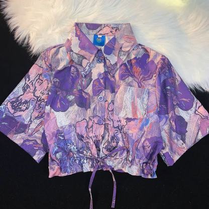 Tropical Print Cropped Button-Up Shirt - Multicolor A - L - image 3