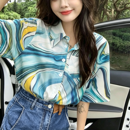 Tropical Print Cropped Button-Up Shirt - image 1