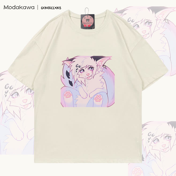 MODAKAWA X genericcanis Fox Tongue Out Graphic 100% Cotton T-shirt - Light Beige - 5XL - image 1