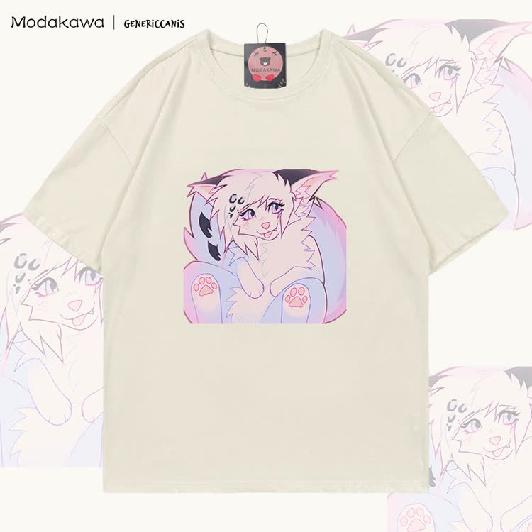 MODAKAWA X genericcanis Fox Tongue Out Graphic 100% Cotton T-shirt - Light Beige - 5XL - image 1