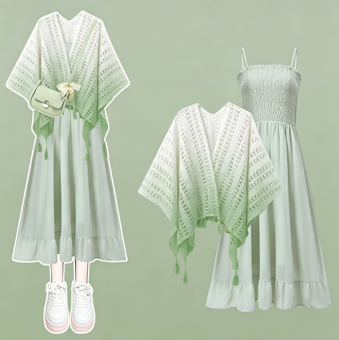 Elegant Floral Dress With Gradient Openwork Shawl Two Pieces Set - Set - 4XL - image 1