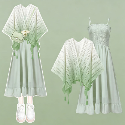 Elegant Floral Dress With Gradient Openwork Shawl Two Pieces Set - Set - 4XL - image 1