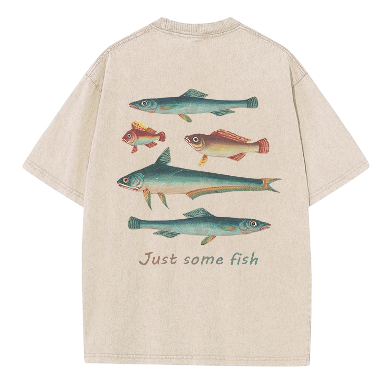MODAKAWA JUST SOME FISH Vintage Washed Loose Oversized Cotton Short Sleeve T-shirt - Beige - 5XL - image 1
