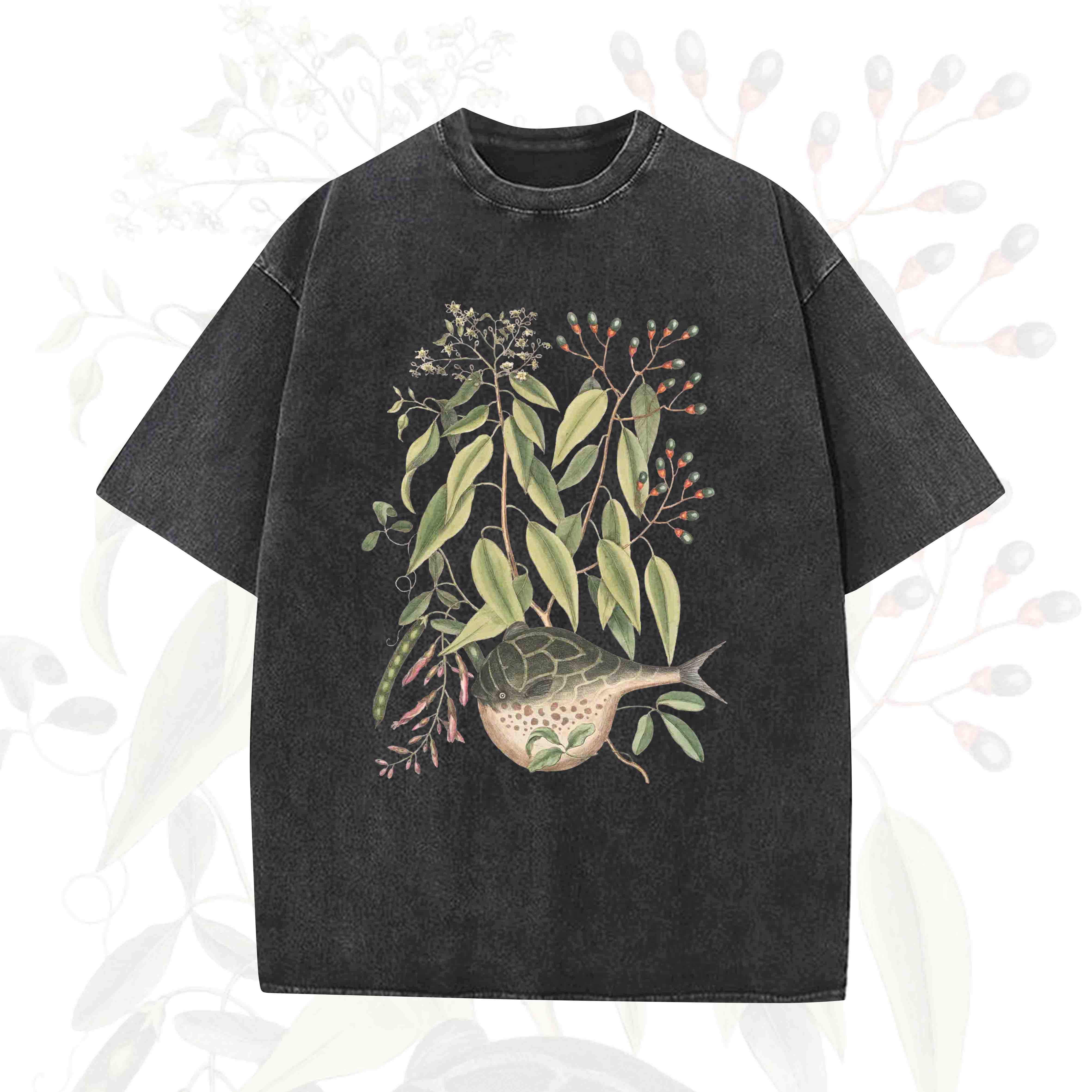 Modakawa Vintage Washed Fish Plant Print Loose Oversized Short Sleeve T-shirt - Black - 5XL - image 1