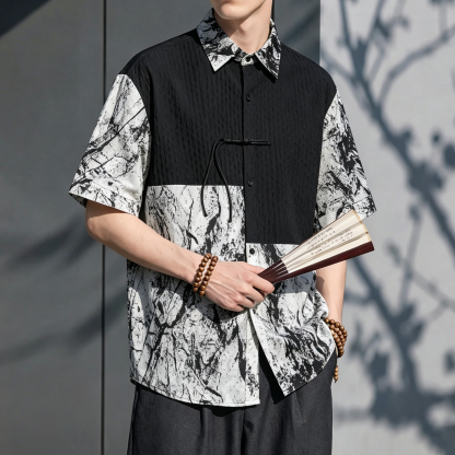Chinese Style Ink Wash Print Color Block Casual Half Sleeve Shirt - image 1