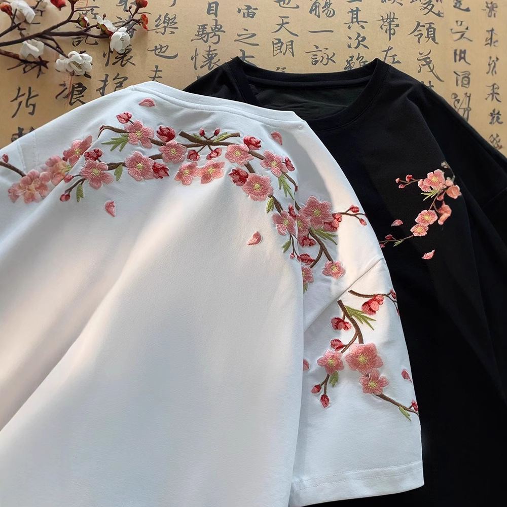 Casual Chinese Style Plum Blossom Print Short Sleeve T-shirt - image 1