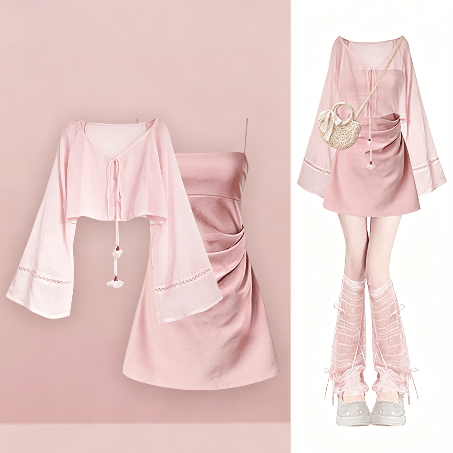 Sweet Summer Cami Dress Two Pieces Set - Pink Set - 4XL - image 1