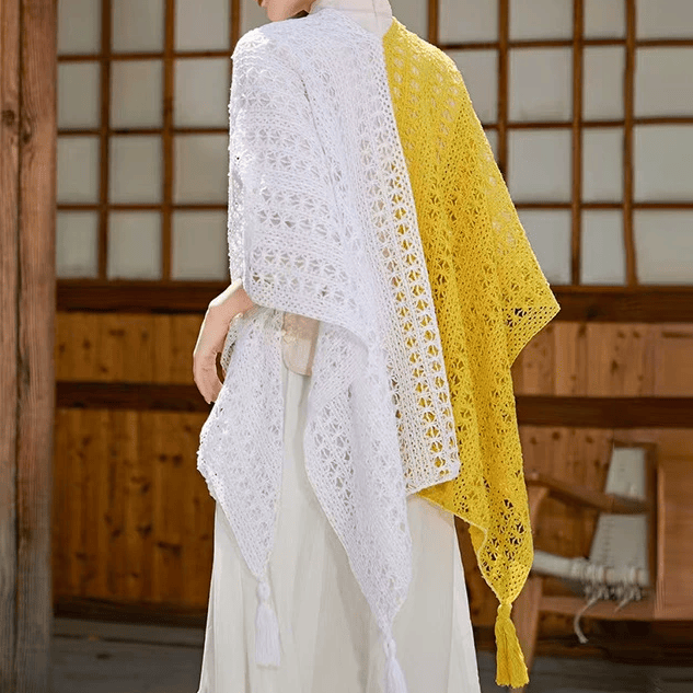 Bohemian Cami Dress with Openwork Knit Shawl Set Two Pieces Set - White-Yellow Colorblock Shawl - One Size - image 19