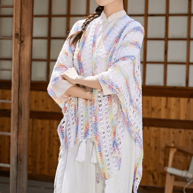 Bohemian Cami Dress with Openwork Knit Shawl Set Two Pieces Set - White Multicolor Colorblock Shawl - One Size - image 18