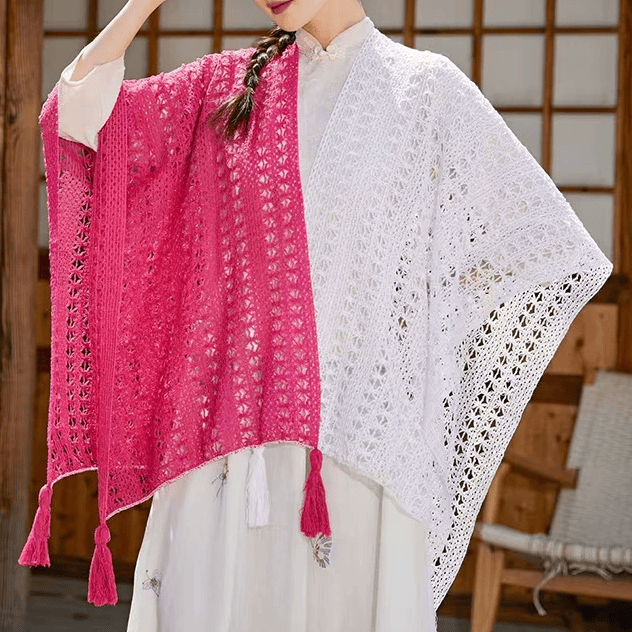 Bohemian Cami Dress with Openwork Knit Shawl Set Two Pieces Set - White-Pink Colorblock Shawl - One Size - image 17
