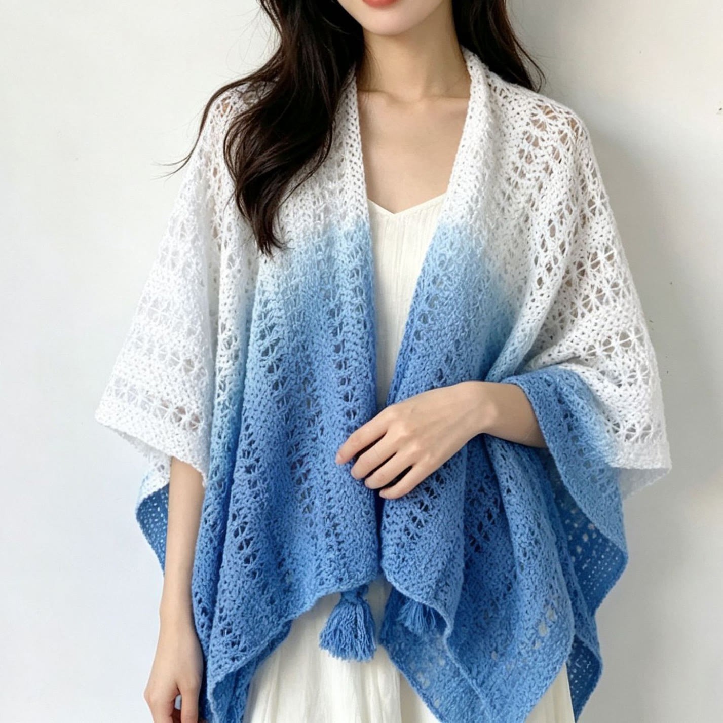 Bohemian Cami Dress with Openwork Knit Shawl Set Two Pieces Set - Sky Blue Gradient Shawl - One Size - image 15