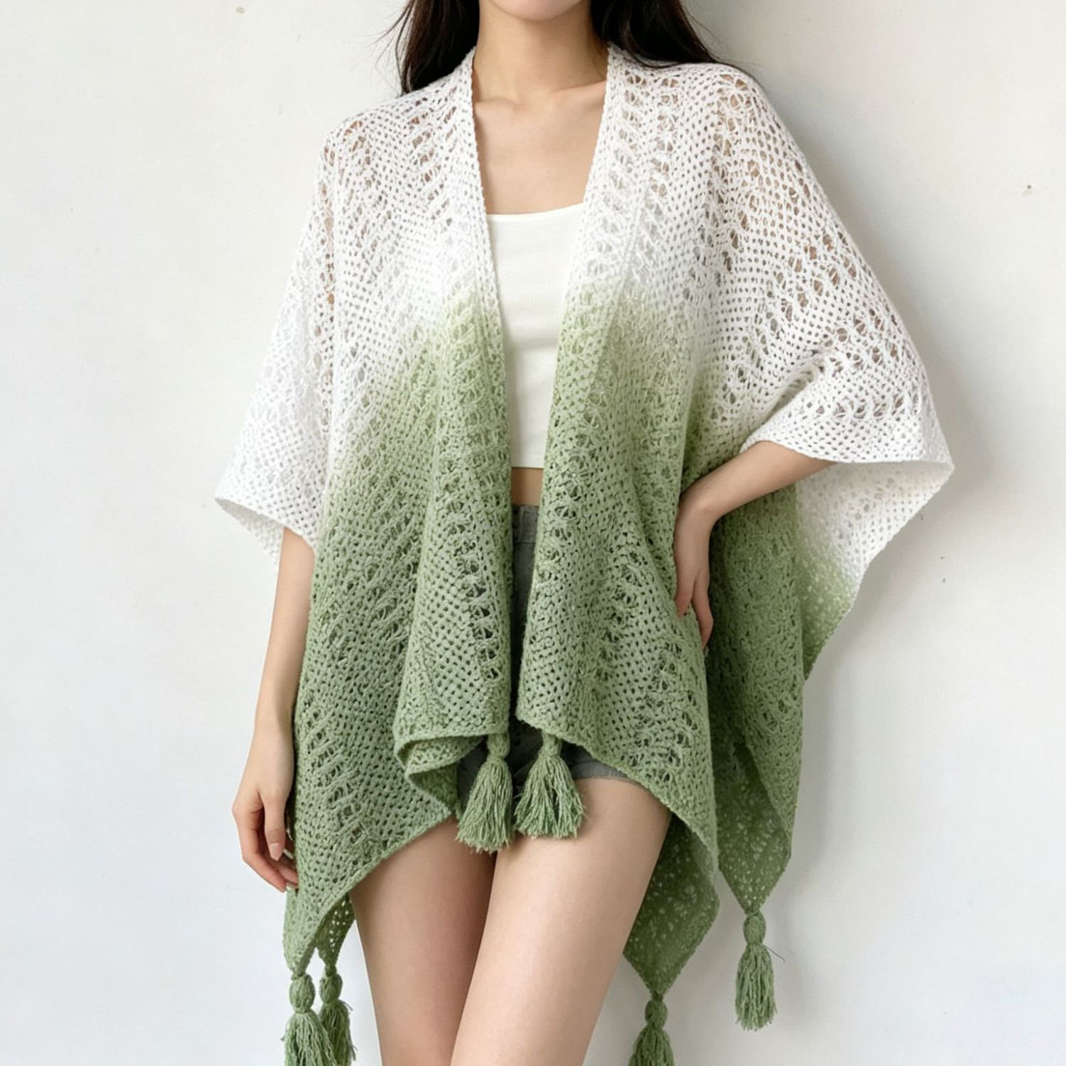 Bohemian Cami Dress with Openwork Knit Shawl Set Two Pieces Set - Green Gradient Shawl - One Size - image 11