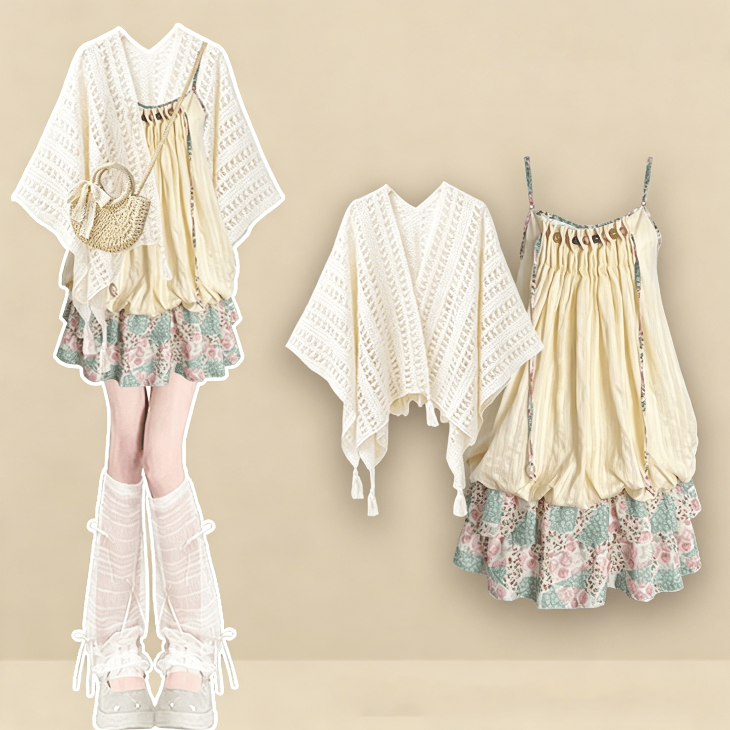 Bohemian Cami Dress with Openwork Knit Shawl Set Two Pieces Set - Set - XL - image 1
