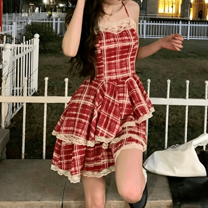 Sweet Pink Shirt with Plaid Red Cami Dress Two Pieces Set - image 3