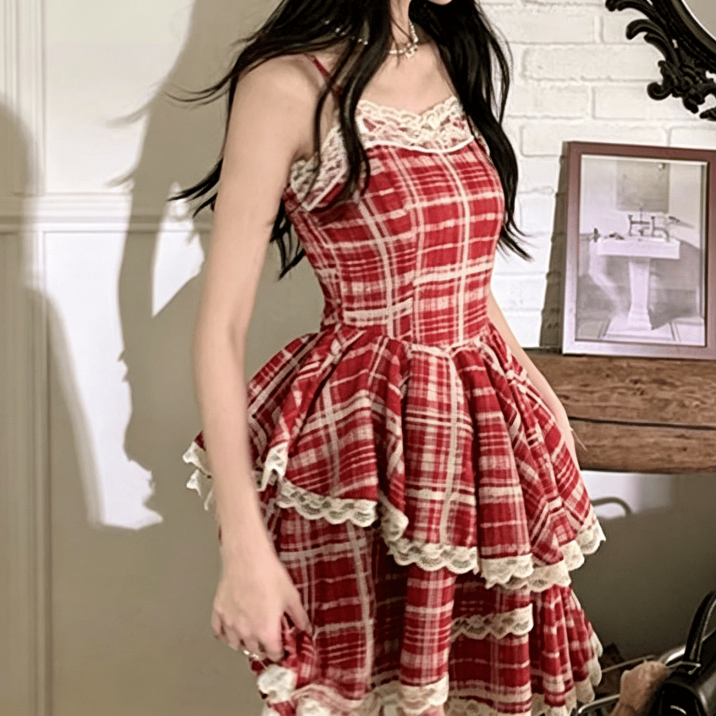 Sweet Pink Shirt with Plaid Red Cami Dress Two Pieces Set - image 5