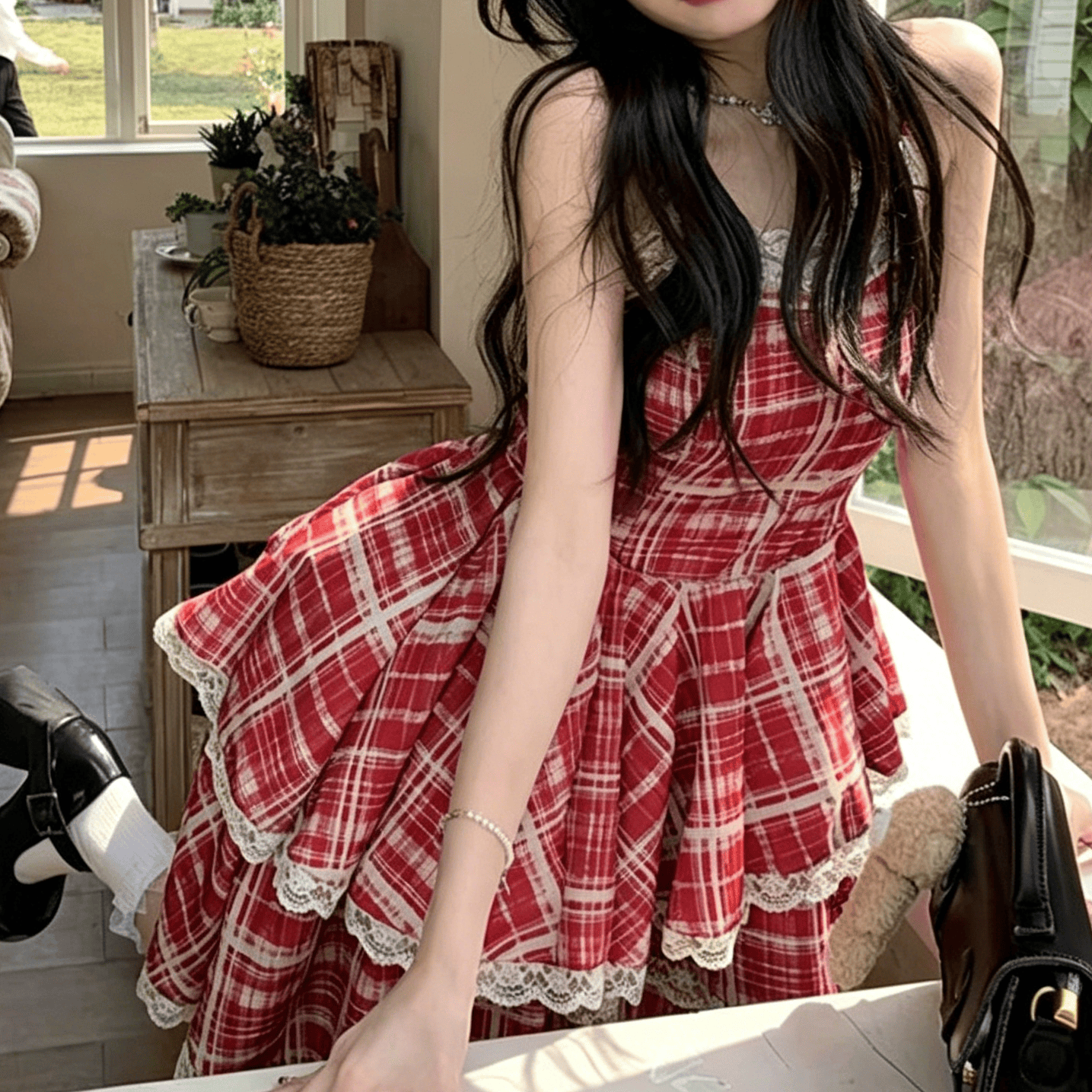 Sweet Pink Shirt with Plaid Red Cami Dress Two Pieces Set - image 4