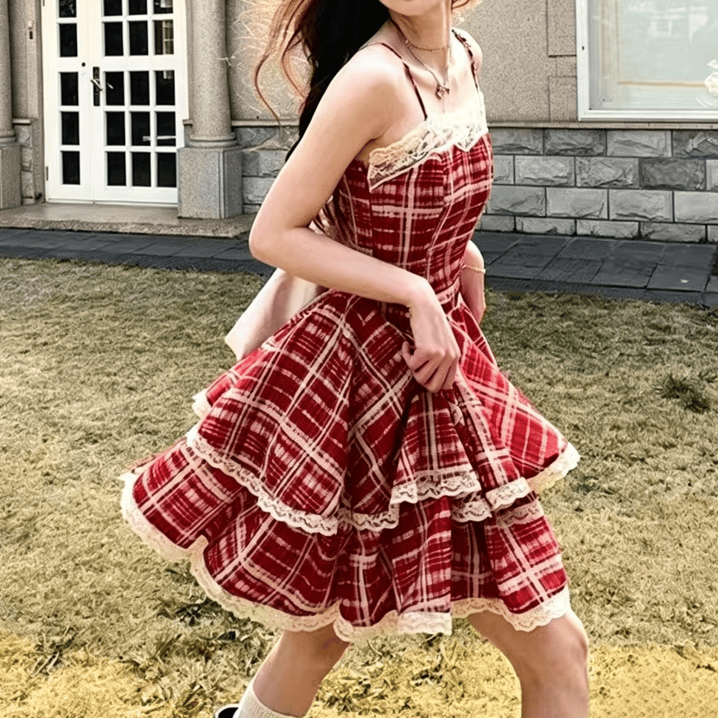 Sweet Pink Shirt with Plaid Red Cami Dress Two Pieces Set - Red Dress - 3XL - image 2