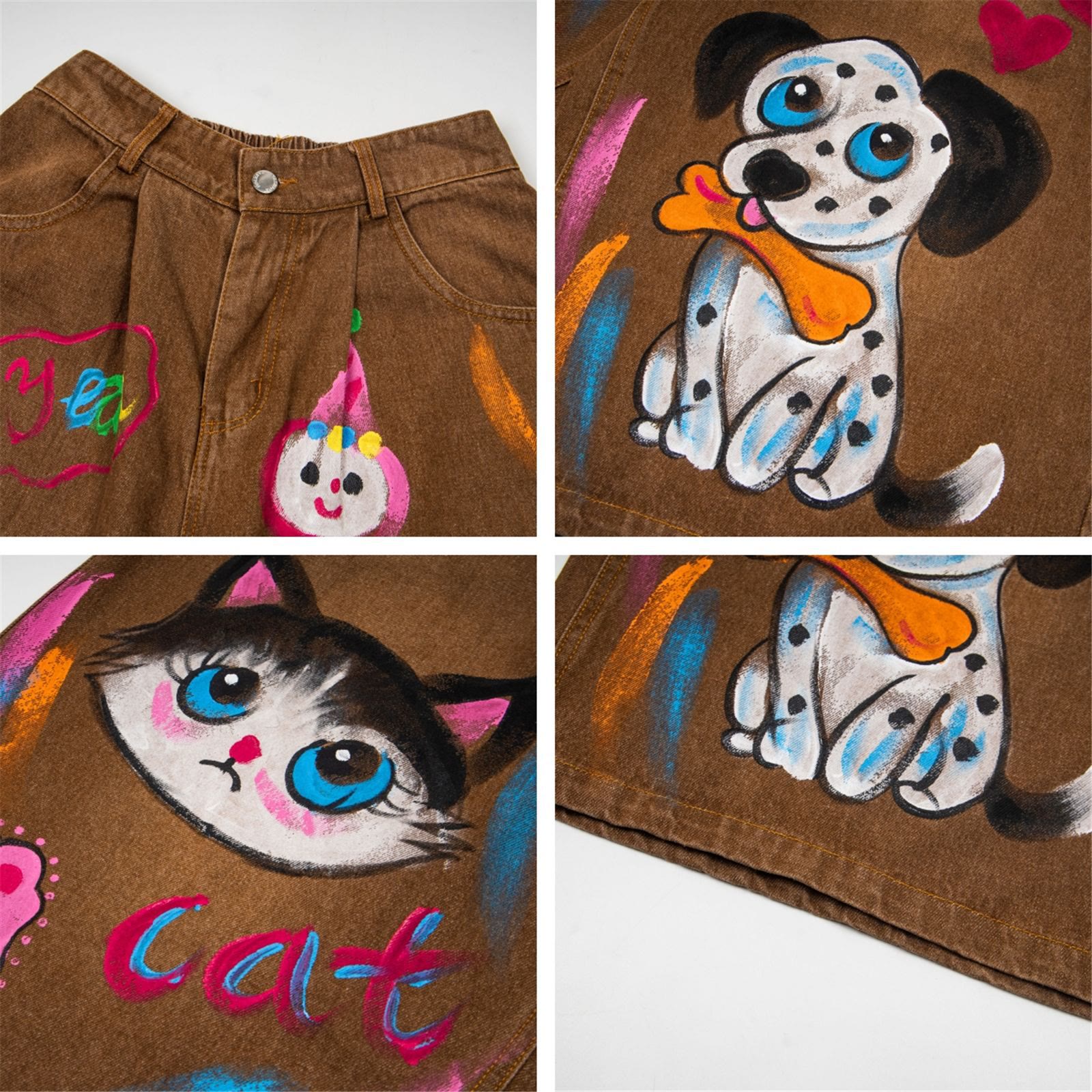 Vintage Hand-Drawn Cat and Dog Graffiti Denim Capri Pants - image 2