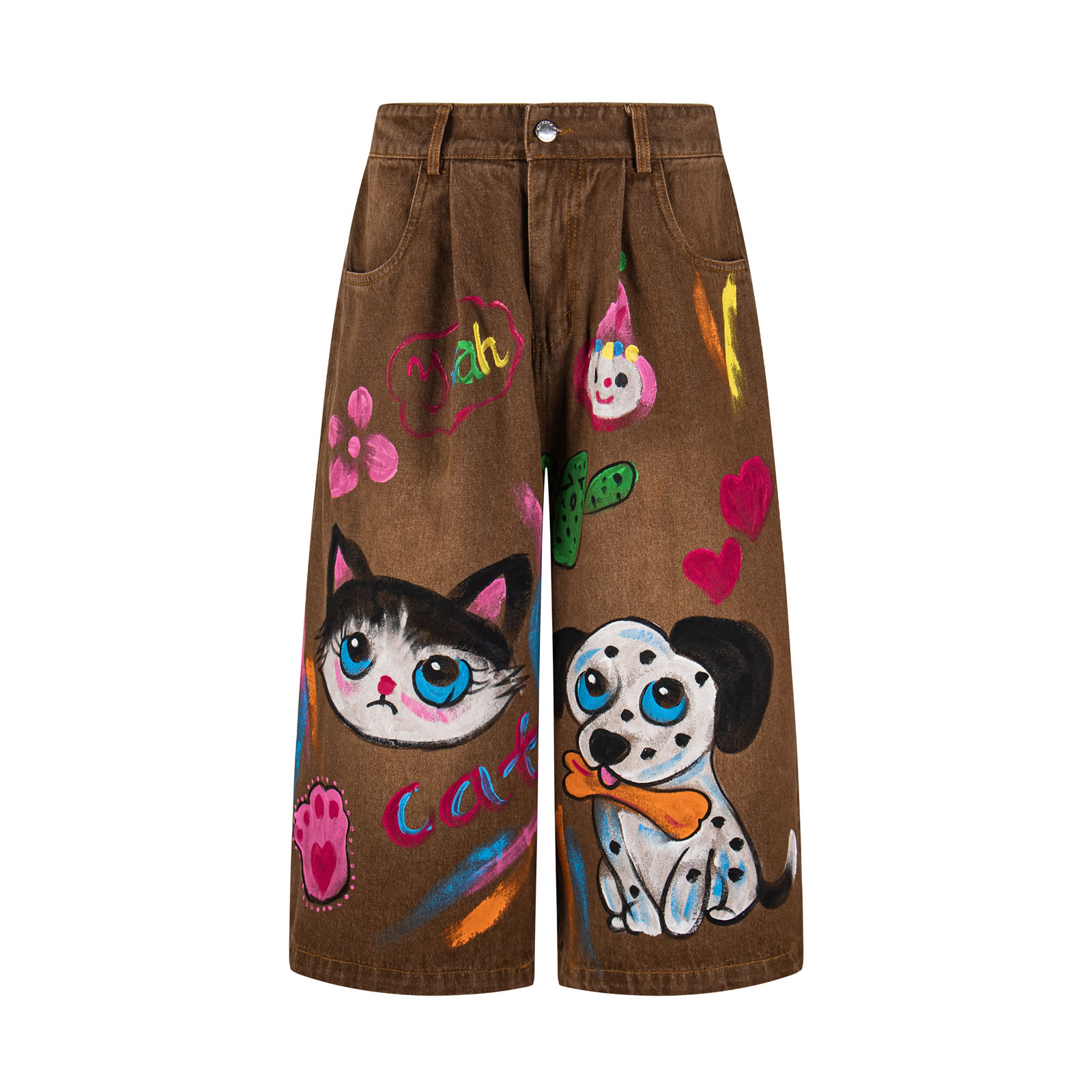 Vintage Hand-Drawn Cat and Dog Graffiti Denim Capri Pants - Brown - XL - image 1