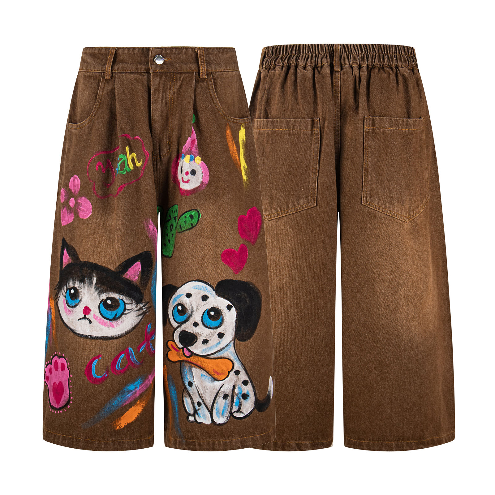 Vintage Hand-Drawn Cat and Dog Graffiti Denim Capri Pants - image 4