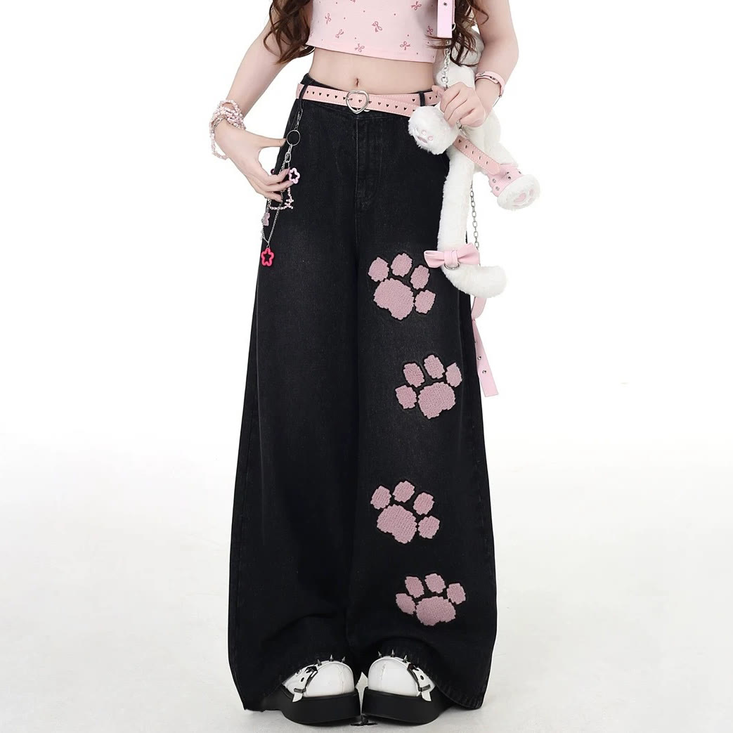 MODAKAWA Playful Cat Graphic Short Sleeve Hoodie with Denim Pants - image 5