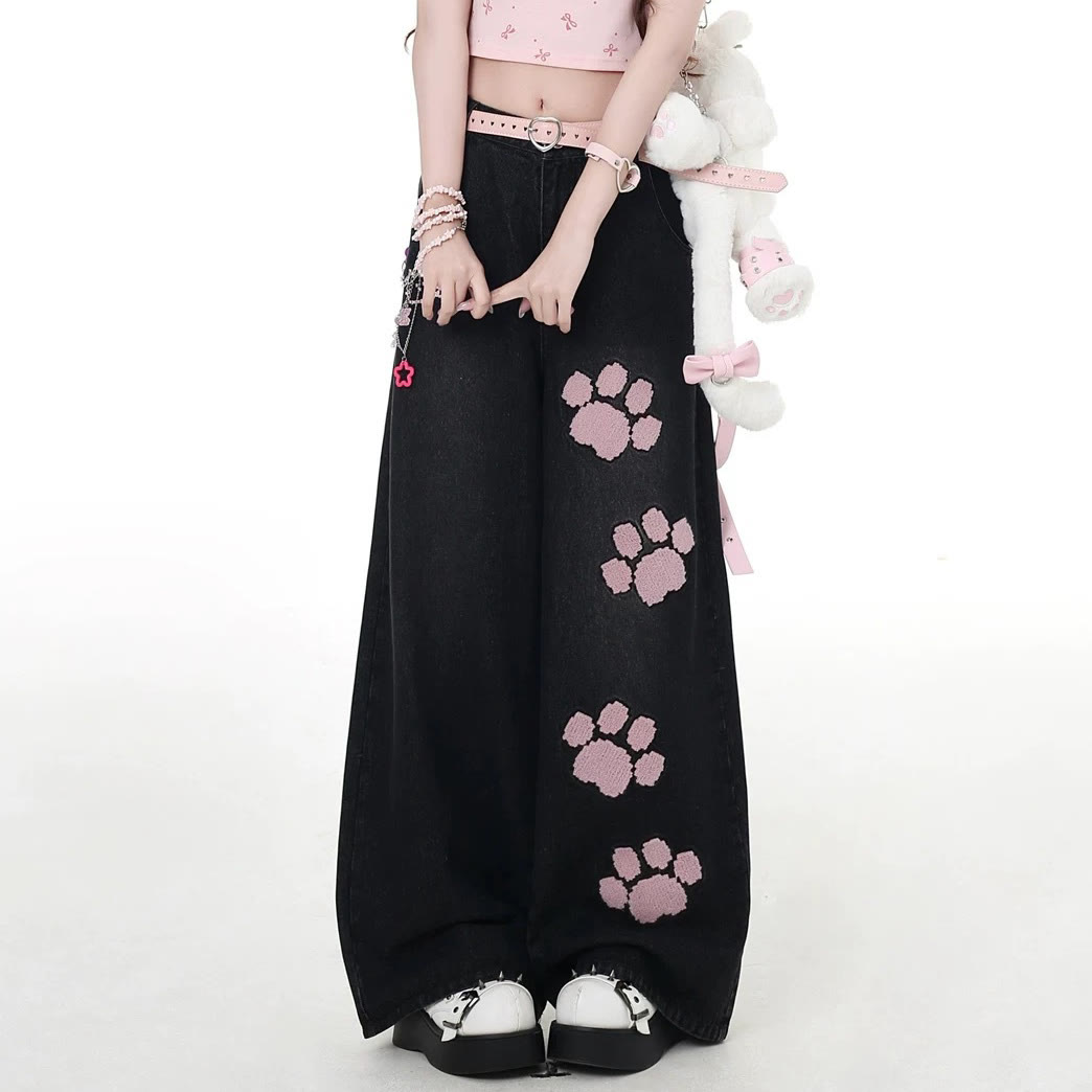 MODAKAWA Playful Cat Graphic Short Sleeve Hoodie with Denim Pants - Pants - XL - image 3