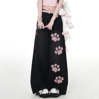 MODAKAWA Playful Cat Graphic Short Sleeve Hoodie with Denim Pants - Pants - XL - image 3