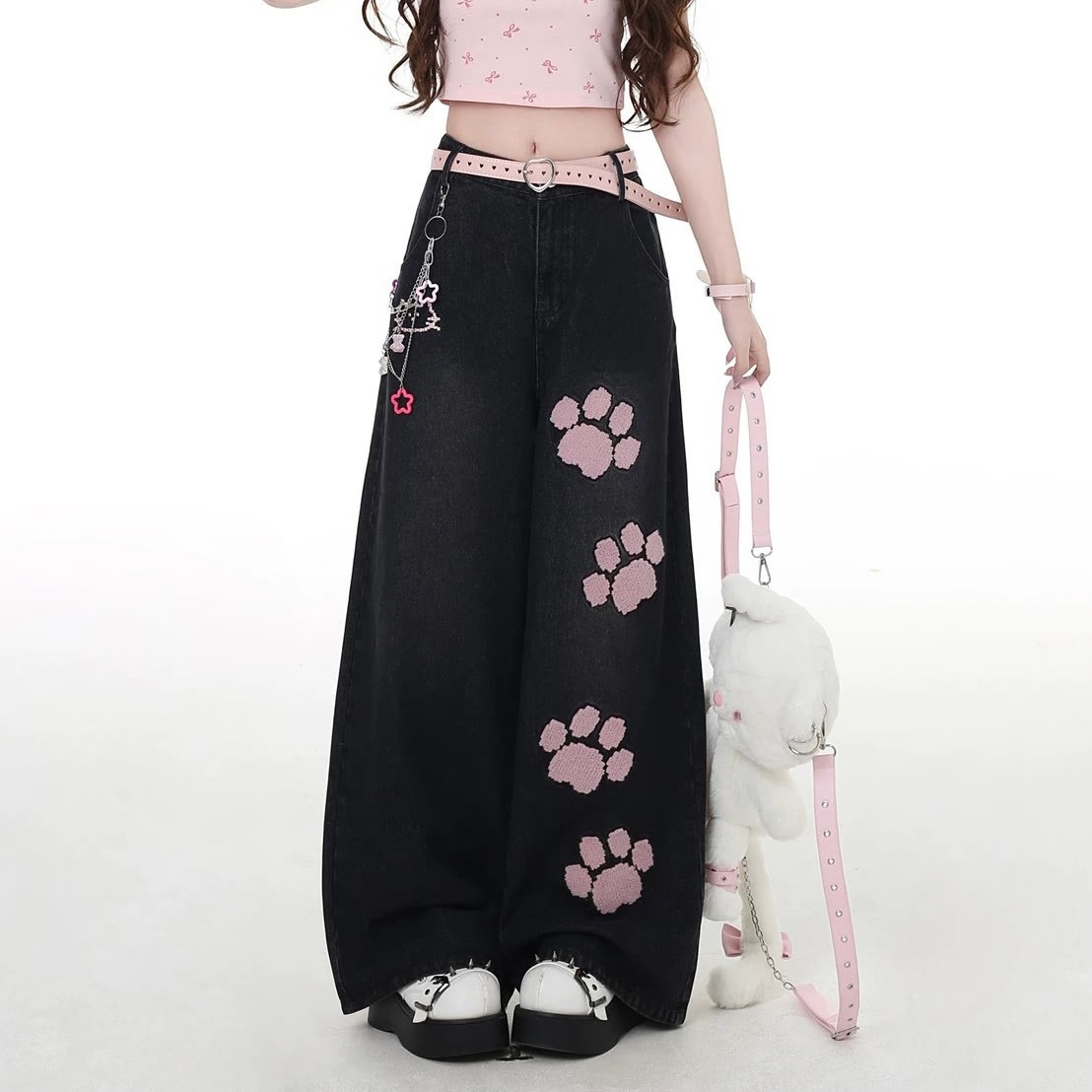 MODAKAWA Playful Cat Graphic Short Sleeve Hoodie with Denim Pants - image 4