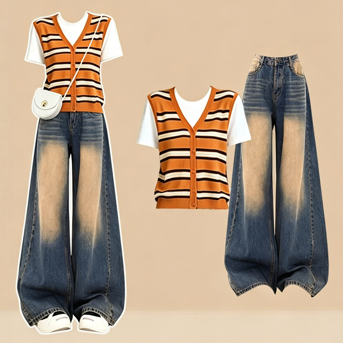 Striped Knit Vest T-shirt Gradient Wide Leg Jeans Two Pieces Set - Set - 3XL - image 1