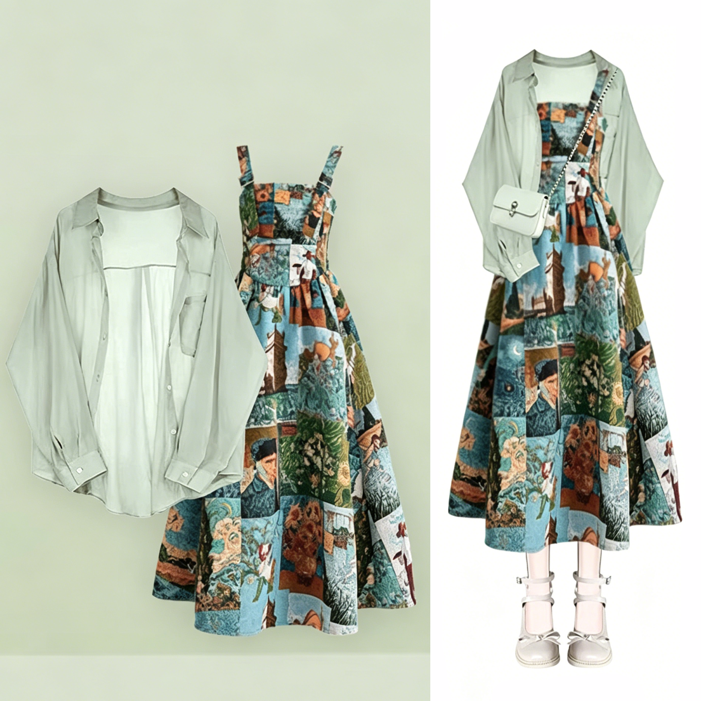 Oil Painting Print Shirts Dress Two Pieces Set - Set - 4XL - image 1