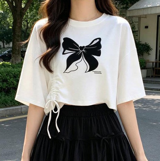 Casual Drawstring Bow T-Shirt with Skort Two Pieces Set - Top - XL - image 2