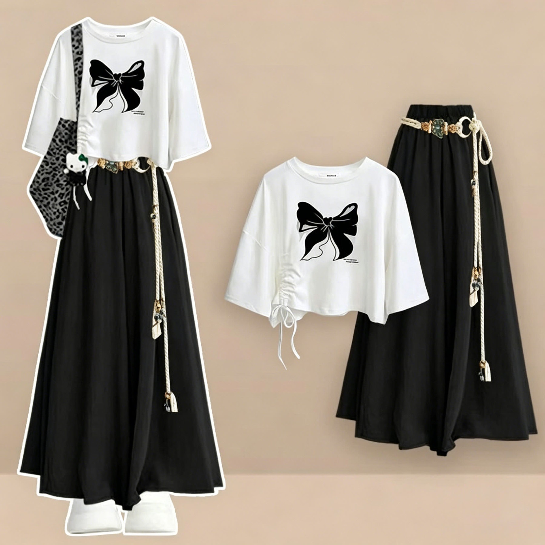 Casual Drawstring Bow T-Shirt with Skort Two Pieces Set - Set - XL - image 1