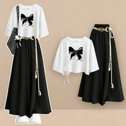 Casual Drawstring Bow T-Shirt with Skort Two Pieces Set - Set - XL - image 1