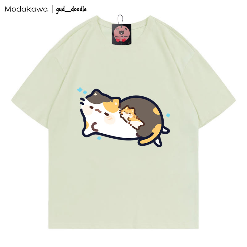 MODAKAWA X gud_doodle Sleeping Cat Print T-shirt - Light Green - 5XL - image 6