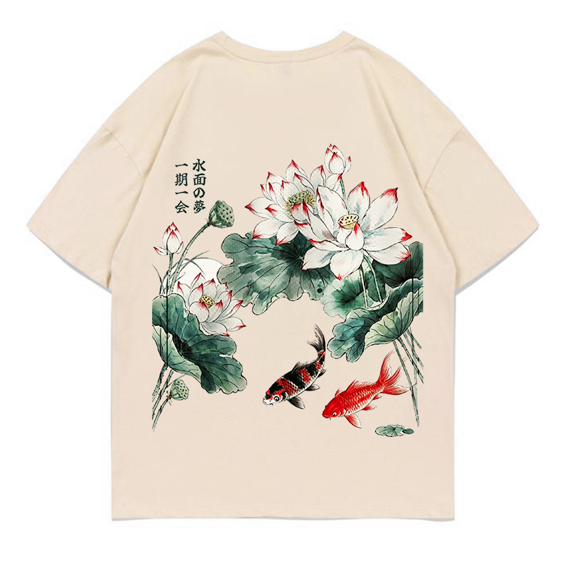 MODAKAWA Flower Fish Print Loose Summer Short Sleeve T-Shirt - Beige - 5XL - image 1