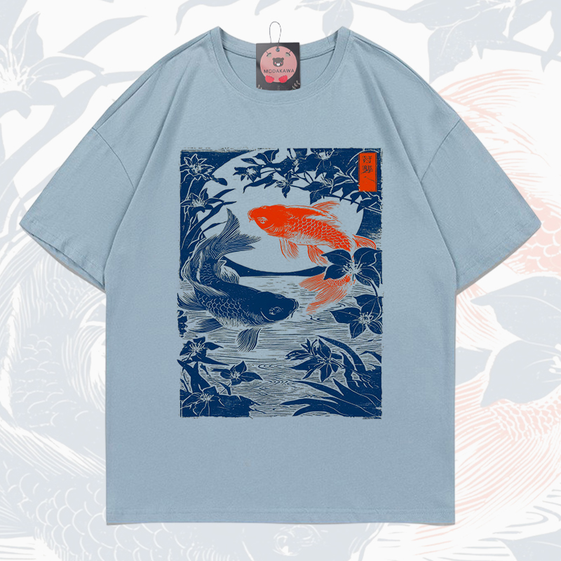 MODAKAWA Fish Print Short Sleeve T-Shirt - Light Blue - 5XL - image 1