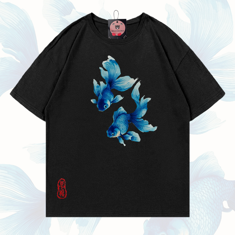 MODAKAWA Fish Graphic 100% Cotton T-shirt - Black - 5XL - image 1