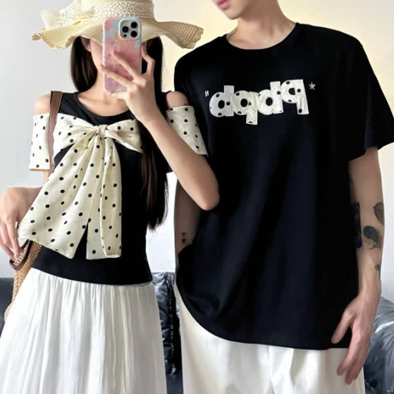 Dot Big Bow off Shoulder Top And BPBP Print T Shirt Couple Matching Set - image 1
