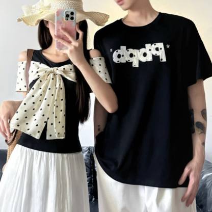 Dot Big Bow off Shoulder Top And BPBP Print T Shirt Couple Matching Set - image 1