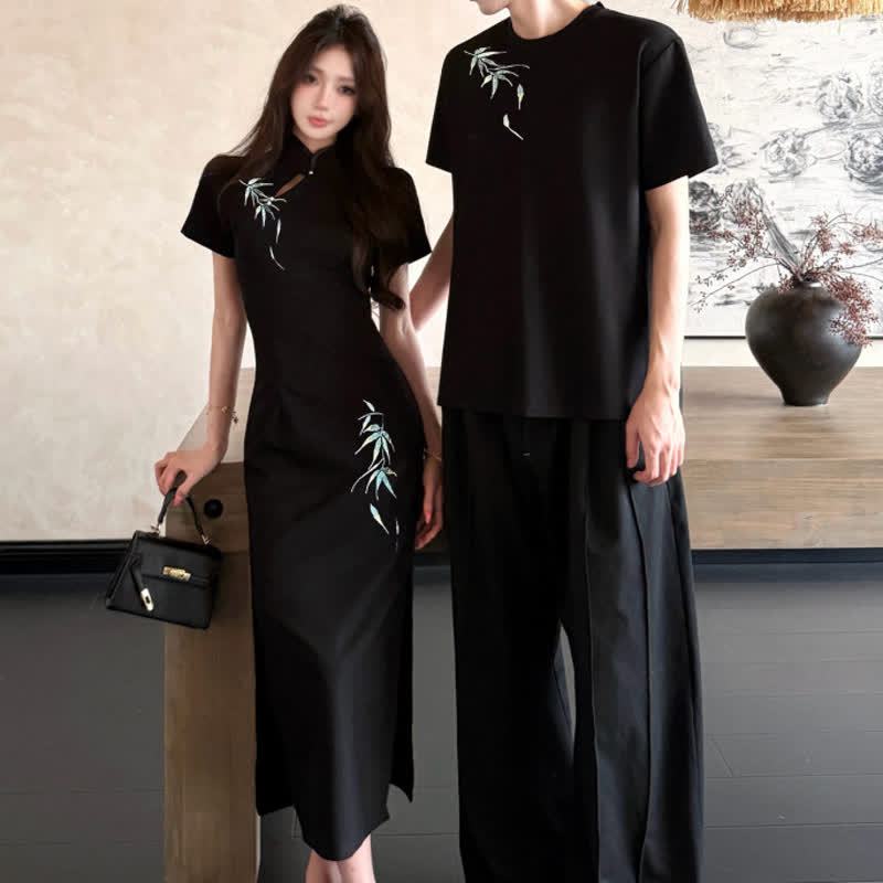 Chinese Style Bamboo Embroidery Dress And Men T-Shirt Couple Matching Set - image 1
