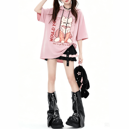 MODAKAWA X zarckets  Anime Fox Graphic Short Sleeve Hoodie with Mini Skirt Two Pieces Set - image 2