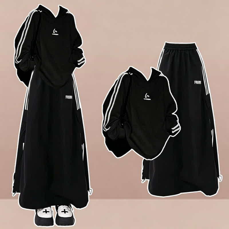 Cool Striped Hoodie Letter Print Long Skirt Two Pieces Set - Set - 3XL - image 1