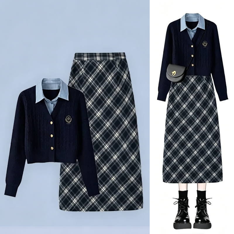 Sweet Knit Sweater Plaid Long Skirt Two Pieces Set - Set - 3XL - image 1