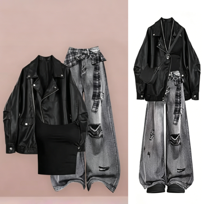 Dark Fashion Vintage Leather Jacket Denim Jeans Three Pieces Set - Set - 3XL - image 1