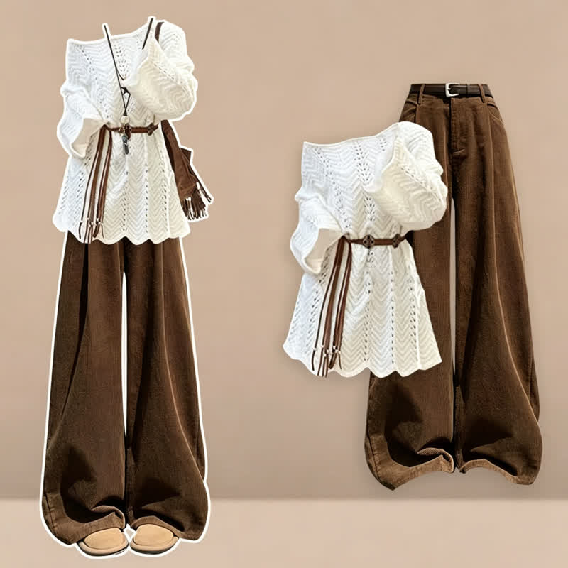 Hollow Out Long Sleeve Knit Cover Up Belted Corduroy Pants Two Pieces Set - Brown Set - 4XL - image 1